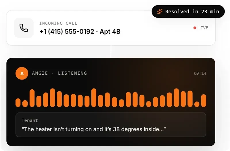 Home Relay on homerelay.ai: an incoming tenant call and the voice agent listening to the problem